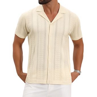 Men's Hollow Knitted Shirt Short Sleeve Button Down Striped Shirts