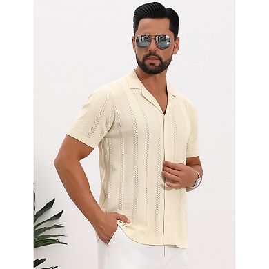 Men's Hollow Knitted Shirt Short Sleeve Button Down Striped Shirts