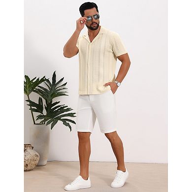 Men's Hollow Knitted Shirt Short Sleeve Button Down Striped Shirts