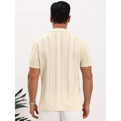 Men's Hollow Knitted Shirt Short Sleeve Button Down Striped Shirts