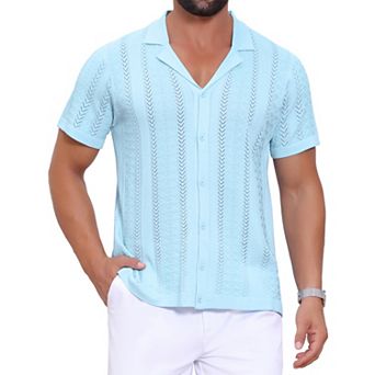 Men's Hollow Knitted Shirt Short Sleeve Button Down Striped Shirts