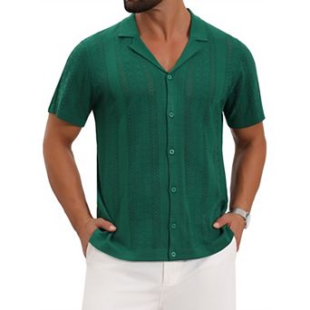 Men's Hollow Knitted Shirt Short Sleeve Button Down Striped Shirts