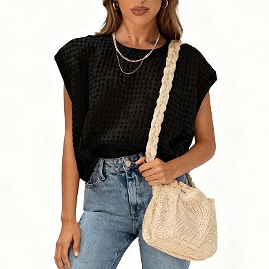 Women's Sleeveless Knit Pullover Round Neck Loose Fit Fashion Sweater Vest