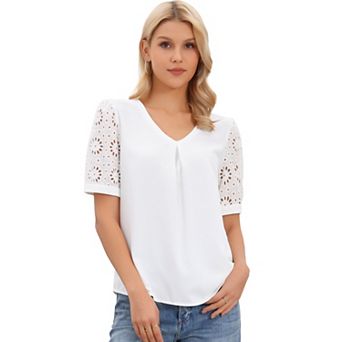 Lace Sleeve Blouses for Women's V Neck Cutout Short Sleeve Dressy Casual Tops