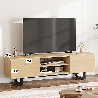 Modern Entertainment Center with 2 Drawers & Open Shelves, Metal Legs Media Console