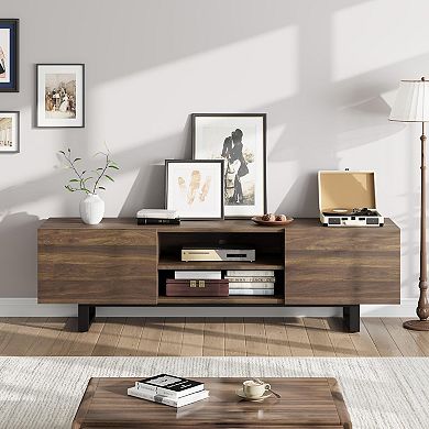 Modern Entertainment Center with 2 Drawers & Open Shelves, Metal Legs Media Console