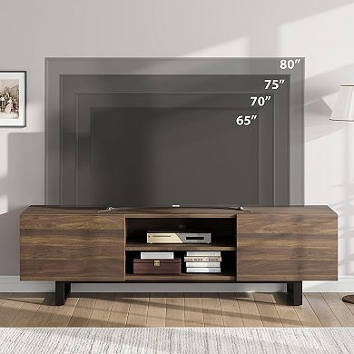 Modern Entertainment Center with 2 Drawers & Open Shelves, Metal Legs Media Console