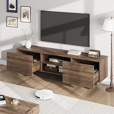 Modern Entertainment Center with 2 Drawers & Open Shelves, Metal Legs Media Console