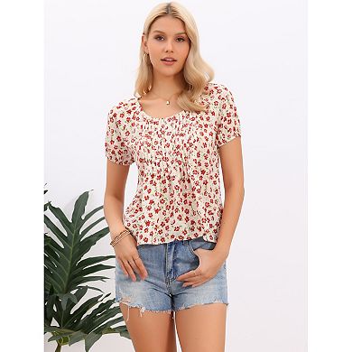 Floral Pleated Tops for Women's Crew Neck Lightweight Short Stretchy Sleeve Summer Casual Blouses
