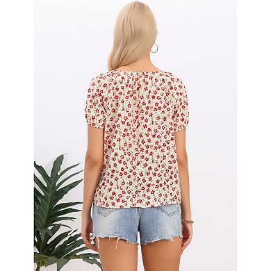 Floral Pleated Tops for Women's Crew Neck Lightweight Short Stretchy Sleeve Summer Casual Blouses