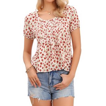 Floral Pleated Tops for Women's Crew Neck Lightweight Short Stretchy Sleeve Summer Casual Blouses