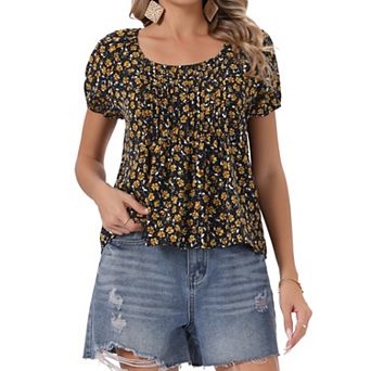 Floral Pleated Tops for Women's Crew Neck Lightweight Short Stretchy Sleeve Summer Casual Blouses