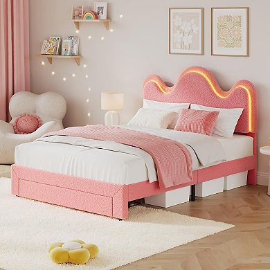 LED Bed with Flower Headboard, Boucle Upholstered Platform Frame, Storage Drawers & Wood Slats