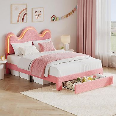 LED Bed with Flower Headboard, Boucle Upholstered Platform Frame, Storage Drawers & Wood Slats