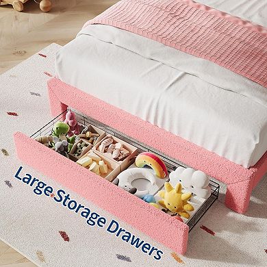 LED Bed with Flower Headboard, Boucle Upholstered Platform Frame, Storage Drawers & Wood Slats