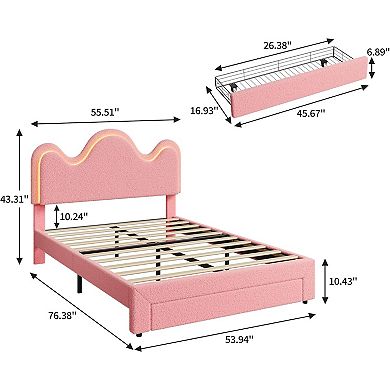 LED Bed with Flower Headboard, Boucle Upholstered Platform Frame, Storage Drawers & Wood Slats