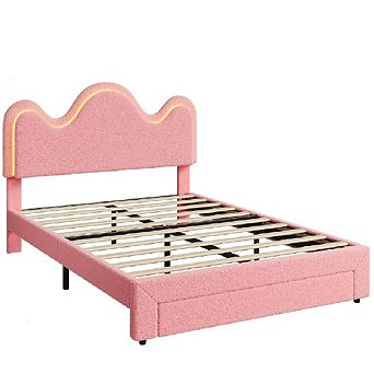 LED Bed with Flower Headboard, Boucle Upholstered Platform Frame, Storage Drawers & Wood Slats