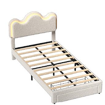 LED Bed with Flower Headboard, Boucle Upholstered Platform Frame, Storage Drawers & Wood Slats