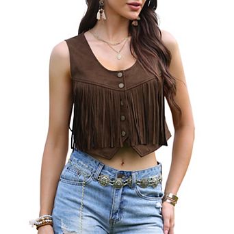 Faux Suede Fringe Vest for Women's Button Down Vintage Sleeveless Cropped Tassel Waistcoat