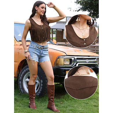 Faux Suede Fringe Vest for Women's Button Down Vintage Sleeveless Cropped Tassel Waistcoat