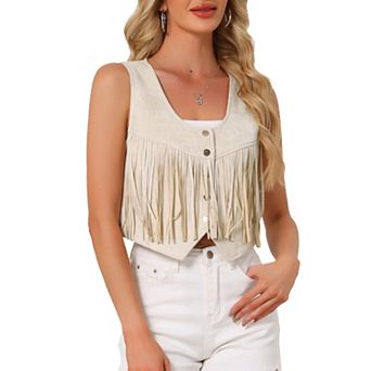 Faux Suede Fringe Vest for Women's Button Down Vintage Sleeveless Cropped Tassel Waistcoat
