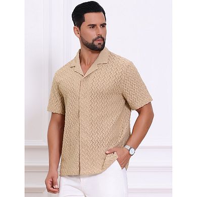 Men's Hollow Jacquard Shirt Camp Collar Short Sleeve Beach Texture Shirts
