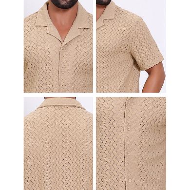 Men's Hollow Jacquard Shirt Camp Collar Short Sleeve Beach Texture Shirts