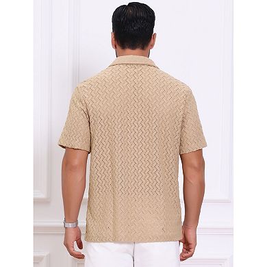 Men's Hollow Jacquard Shirt Camp Collar Short Sleeve Beach Texture Shirts