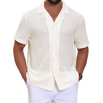 Men's Hollow Jacquard Shirt Camp Collar Short Sleeve Beach Texture Shirts