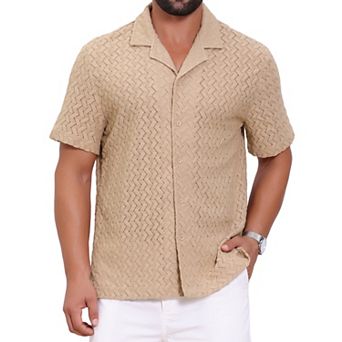 Men's Hollow Jacquard Shirt Camp Collar Short Sleeve Beach Texture Shirts