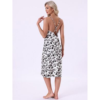 Women's Chemise Satin Leopard Spaghetti Strap Cross V Back Silky Slip Cami Slip Dress