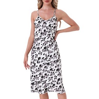 Women's Chemise Satin Leopard Spaghetti Strap Cross V Back Silky Slip Cami Slip Dress