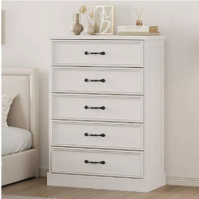 Farmhouse 5-Drawer Tall Dresser, Sturdy Wood Chest for Bedroom & Nursery