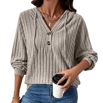 Women's Ribbed Knit Hooded Pullover Sweater, Solid Color Casual Loose Fit Jumper