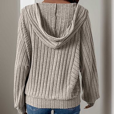 Women's Ribbed Knit Hooded Pullover Sweater, Solid Color Casual Loose Fit Jumper
