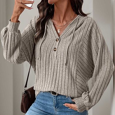 Women's Ribbed Knit Hooded Pullover Sweater, Solid Color Casual Loose Fit Jumper