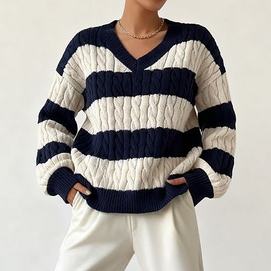 Women's V-Neck Striped Color-Block Pullover Oversized Knit Sweater