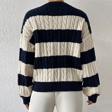 Women's V-Neck Striped Color-Block Pullover Oversized Knit Sweater