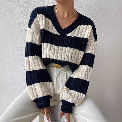 Women's V-Neck Striped Color-Block Pullover Oversized Knit Sweater