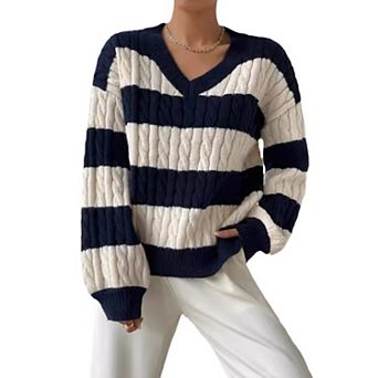 Women's V-Neck Striped Color-Block Pullover Oversized Knit Sweater