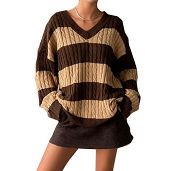 Women's V-Neck Striped Color-Block Pullover Oversized Knit Sweater
