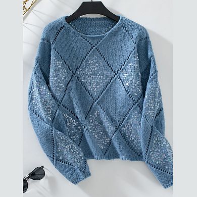 Women's Sparkled Sweater Loose Fit Long Sleeve Glitter Pullover for Casual and Festive Occasions