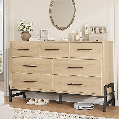 Wide 7-Drawer Dresser, Natural Oak Wood Storage Chest for Bedroom & Living Room