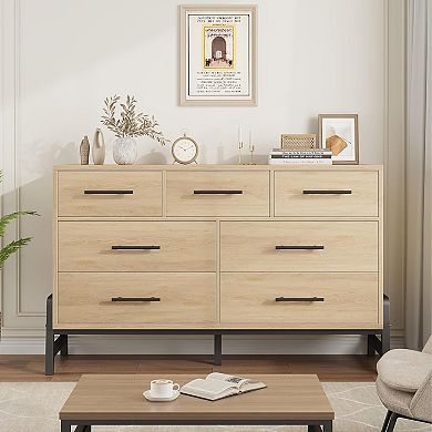 Wide 7-Drawer Dresser, Natural Oak Wood Storage Chest for Bedroom & Living Room