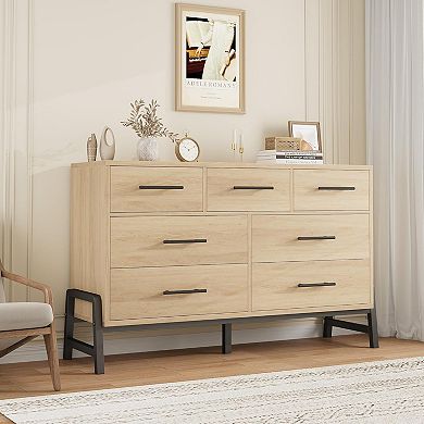 Wide 7-Drawer Dresser, Natural Oak Wood Storage Chest for Bedroom & Living Room