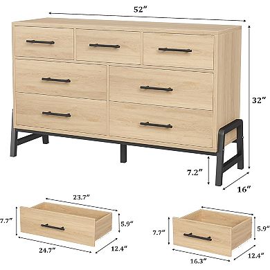 Wide 7-Drawer Dresser, Natural Oak Wood Storage Chest for Bedroom & Living Room