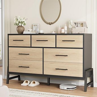 Wide 7-Drawer Dresser, Natural Oak Wood Storage Chest for Bedroom & Living Room
