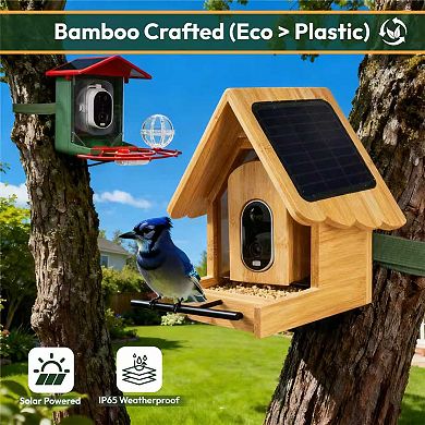 Smart Solar Bamboo Bird Feeder with 3MP AI Camera, 144° Wide-Angle Lens and Daily Video Highlights