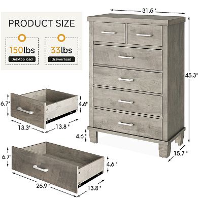 Tall 6-Drawer Dresser, Wooden Chest with Storage for Bedroom & Living Room