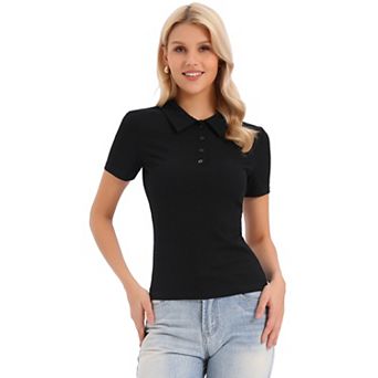 Short Sleeve Polo Shirts for Women's Collared V Neck Button Up Knit Casual Tops